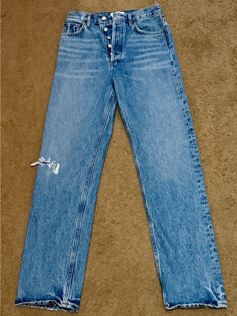 Agolde Straight Leg Jeans in Light/Medium Blue with Knee Rip